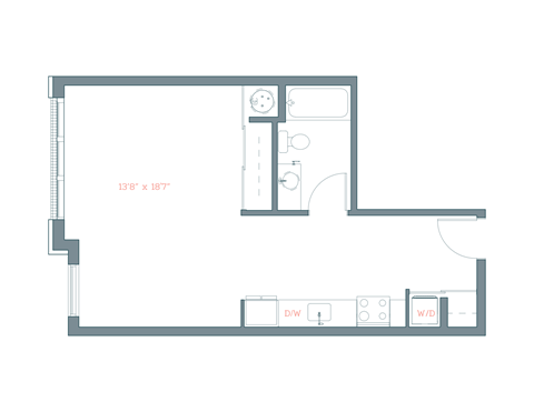 Floor plan for studio, 1 bath, 530 sqft